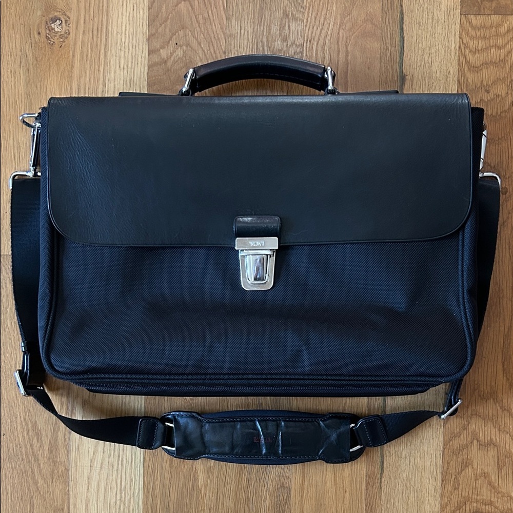 Tumi Black Leather and Fabric Briefcase